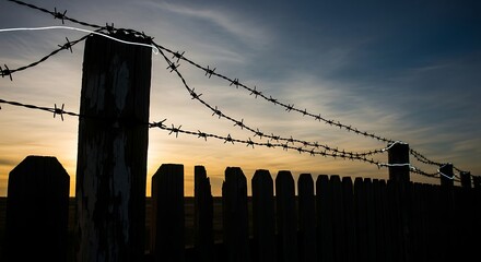 A silhouette of a barbed wire fence and wooden posts against a sunset sky. The focus is on the textured wood and wire