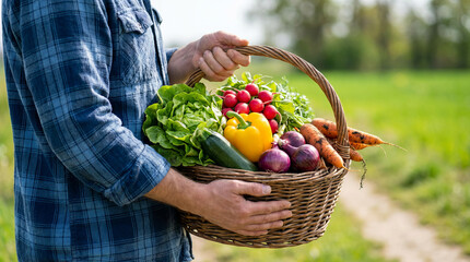 Sustainable agriculture and healthy eating with a farmer holding a wicker basket of fresh organic vegetables from the farm.