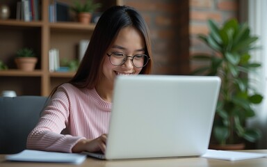 Young beautiful girl preparing for exams with laptop, surfing articles about innovations in web development, programming and design. Business lady working through internet in digital marketing field.
