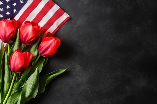 American flag and red tulips on dark background, symbolizing Memorial Day or Veteran's Day, with copy space