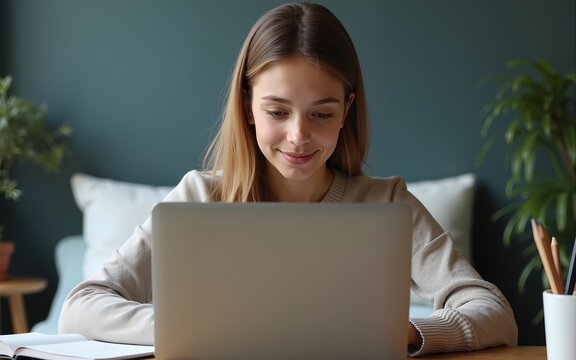 Young beautiful girl preparing for exams with laptop, surfing articles about innovations in web development, programming and design. Business lady working through internet in digital marketing field.