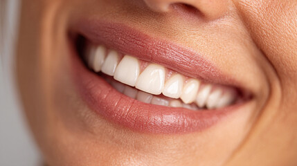 Close-up portrait of a young woman smiling, showing healthy, bright teeth, emphasizing dental care, happiness, and natural beauty in a friendly and approachable expression.