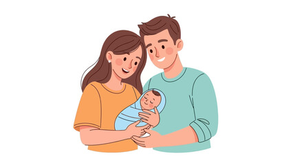 Happy family holding their newborn baby, illustration of parenthood and care