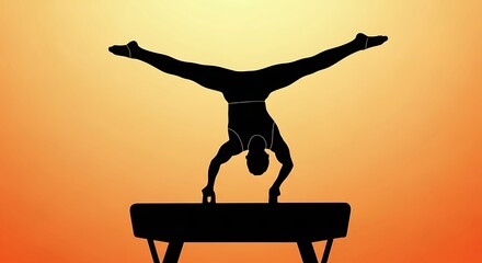 A silhouette of a gymnast performing a handstand on a pommel horse, with legs split in a perfect angle against an orange gradient