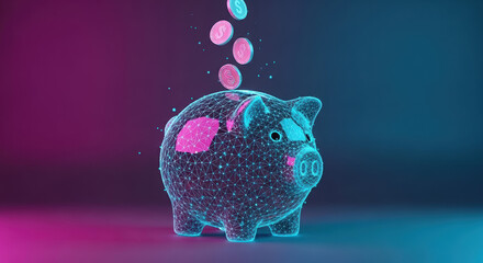 Quantum communication system illustrated with wireframe piggy bank and falling coins. Quantum communication system integrates futuristic tech with cyber security,