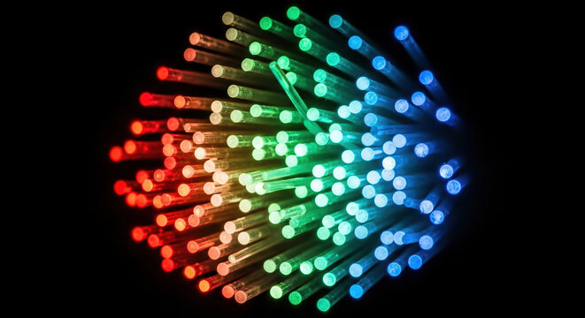 Quantum communication network of lights showing fiber optic tech system, highlighting tech industry, illuminating cybersecurity, cryptography, and information.