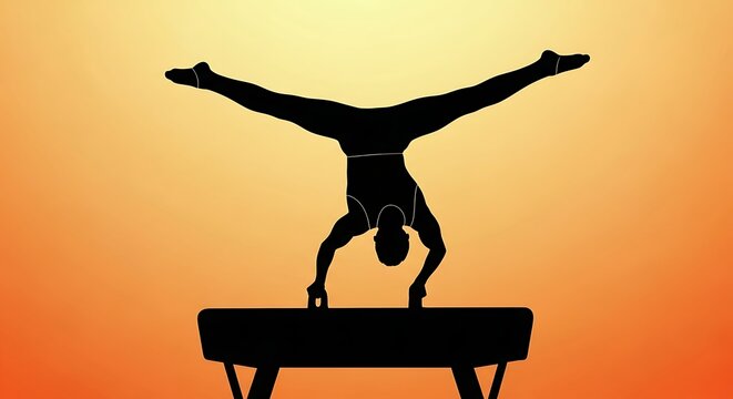 A silhouette of a gymnast performing a handstand on a pommel horse, with legs split in a perfect angle against an orange gradient