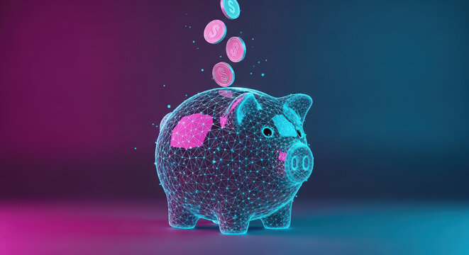 Quantum communication system illustrated with wireframe piggy bank and falling coins. Quantum communication system integrates futuristic tech with cyber security,