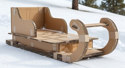 Handmade cardboard sleigh sitting on snowy ground ready for winter fun