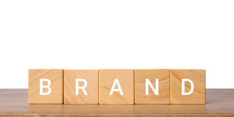 Wooden blocks with word brand for marketing identity concept, isolated on transparent background