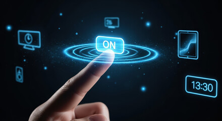 Quantum communication is highlighted with a finger touching an interactive quantum system, showing advanced tech.