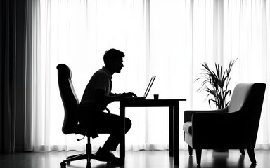 Fototapeta premium Work from home concept, silhouette of a man on a chair at a table with a laptop, online training black and white illustration. High quality
