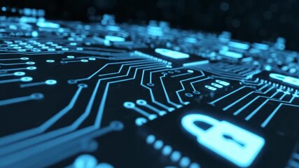Digital circuit board with glowing security padlock icon representing data protection and cybersecurity on a microchip motherboard - Powered by Adobe