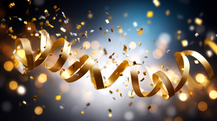 Dynamic gold ribbon and confetti swirl in a celebration of vibrant joy and successful moments, creating a festive and exciting atmosphere for any special occasion.