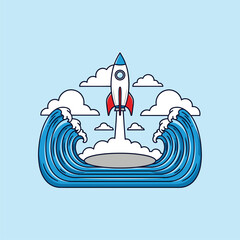 Rocket Launching Over Ocean Waves and Clouds - Startup, Innovation & Success Concept