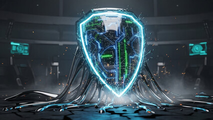 Dynamic conceptual glowing shield with intricate circuit board elements, emerging from a technological core, symbolizing advanced digital security and innovation