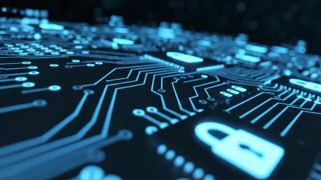 Digital circuit board with glowing security padlock icon representing data protection and cybersecurity on a microchip motherboard - Powered by Adobe