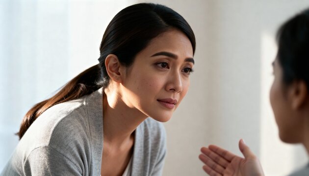 Serious Asian woman listening to a conversation with empathy. Concerned female patient in counseling or therapy session. Mental health and support concept