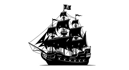 A silhouette of a sailing vessel with billowing sails and a Jolly Roger flag on top