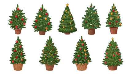 Illustrated set of decorated Christmas trees in pots, featuring festive lights, ornaments, and stars for the holidays