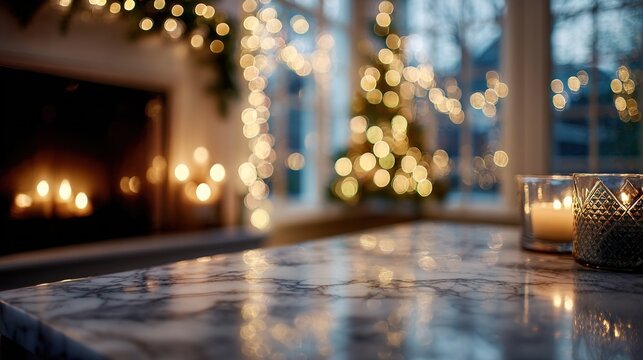 A close-up shot of a marble table top with a blurred background of a fireplace with candles, a Christmas tree and strings of twinkling lights, and a window. High quality