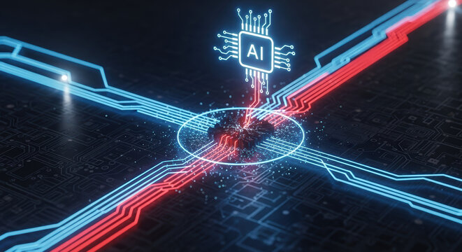 Exploring artificial intelligence represented by glowing chip on electronic circuit board, illuminated in blue and red. Artificial intelligence powers new technologies in modern world.