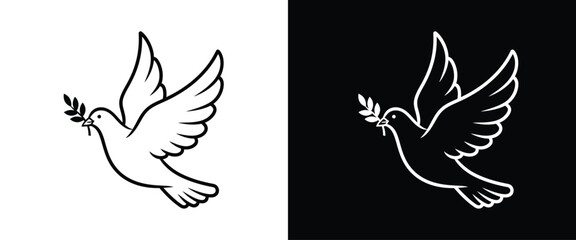 Flying Dove of Peace with an Olive Branch Minimalist Line Art Icon