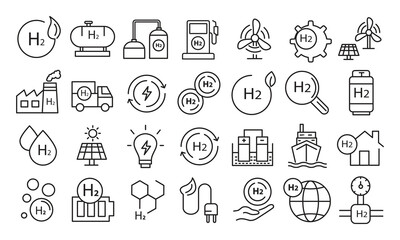 Hydrogen Electrolysis Icons Set — Editable Stroke Line Vector,H₂ Electrolysis Symbol Pack  Thin Line Energy Icons,Green Energy Electrolysis Icon Set
