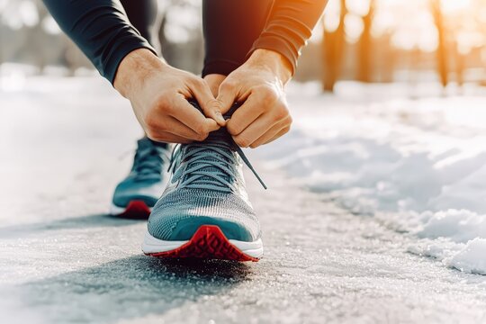 Athlete's hands tying running shoe laces on a snowy path, preparing for a cold weather outdoor workout or marathon training
