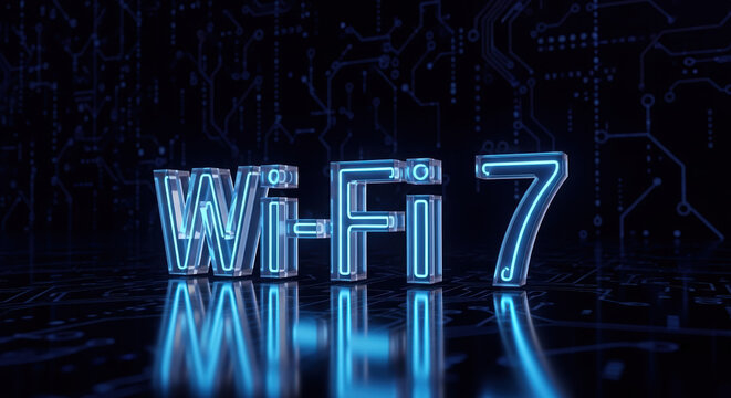 Wi-fi 7 technology glowing on a digital background, wi-fi 7 represents advanced internet connectivity. This wi-fi connection symbolizes a new era of speed, signal, and wireless transmission. - Powered by Adobe