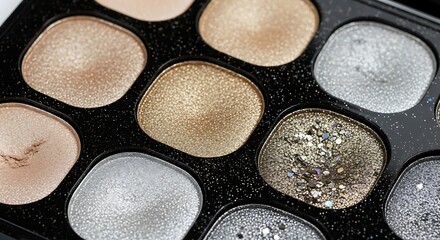 Close up of a makeup palette featuring shimmering eyeshadows in neutral and metallic shades
