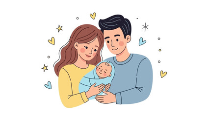 Joyful Young Parents Embrace Their Precious Newborn Baby with Love and Tenderness in a Heartwarming Illustration