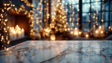 A close-up shot of a marble table top with a blurred background of a fireplace with candles, a Christmas tree and strings of twinkling lights, and a window. High quality