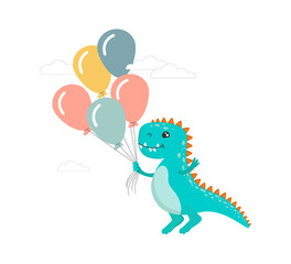 A cute dinosaur flying on a hot air balloon. Vector flat illustration
