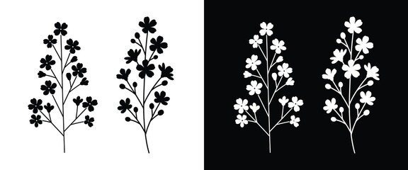 Elegant floral silhouette illustrations on black and white backgrounds