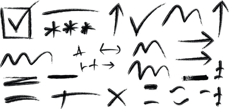 Hand drawn grunge arrows and checkmarks on white background