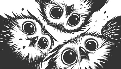 Obraz premium wide-eyed owls peeking downward with expressive faces sketch engraving generative ai vector illustration. Scratch board imitation. Black and white image.