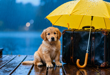 Adorable Golden Retriever puppy sitting next to a vintage black suitcase under a bright yellow umbrella on a wet wooden deck in the rain, looking sad and sweet