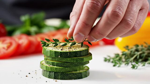 Fresh zucchini slices seasoned with thyme healthy cooking preparation