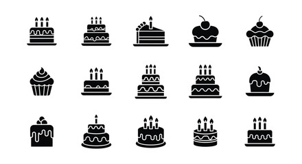 Set of 15 Vector Cake and Cupcake Icons for Celebrations