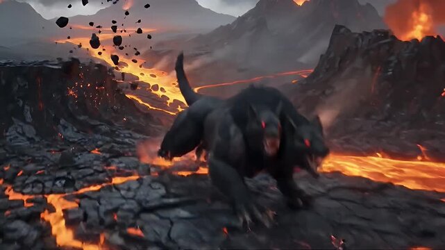 Epic illustration of a mythological three headed beast in a fiery volcanic underworld