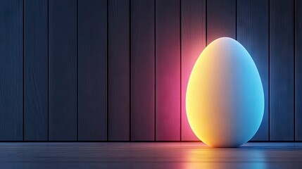 A glowing egg is illuminated with colorful light against a wooden background, creating a vibrant and modern visual.