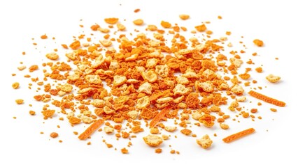 Natural Dehydrated Orange Zest: Scattered Dried Citrus Peel Bits Isolated on White Background