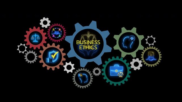 Glowing neon line banner of BUSINESS ETHICS concept with icons of relationship, attitude, reliability, morality, business law, choice and agreement isolated on black background.