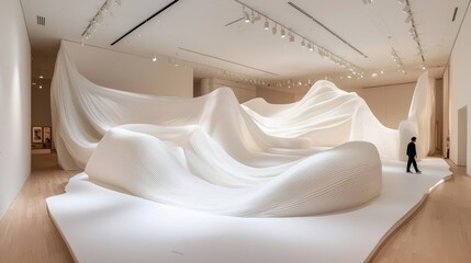 A man walks past a large, abstract textile installation in a modern art museum. The installation features flowing white fabric and a minimalist design. The ligh