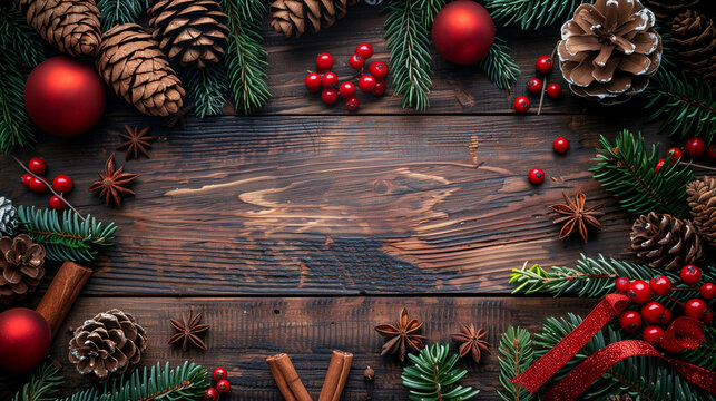 Rustic Christmas holiday frame featuring lush green pine branches, natural pine cones, red festive berries, star anise, and glittery ornaments on a dark wooden background