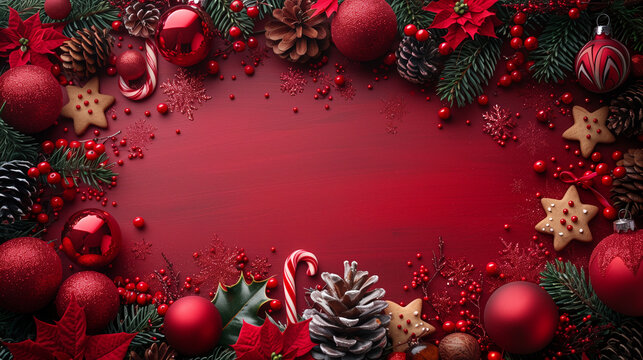 Vibrant red Christmas holiday background framed by pine branches, traditional red baubles, festive glitter, candy canes, star cookies, and gingerbread men, creating a merry and bright setting for seas