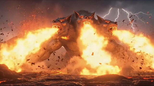 Epic three headed mythological creature breathing fire in a stormy volcanic landscape