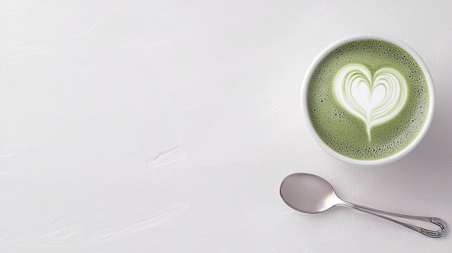 Top view of a matcha latte with heart-shaped latte art in a white bowl, with a spoon on a white table. The image is bright and clean.