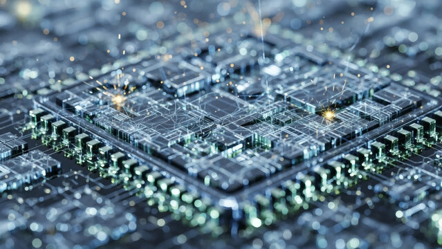 Glowing electronic microchip Symbol of advanced artificial intelligence, high-speed data processing, and digital innovation for future technology and smart systems